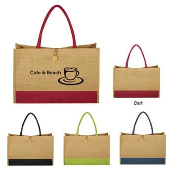 Jute Box Tote Bag - Made Of 100% Pure Natural Jute, A Natural Vegetable Fiber | Top Button Loop Closure | 100% Biodegradable | Colors Created With Azo-Free Dye | 20" Cotton Webbing Handles | Spot Clean/Air Dry