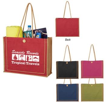 Paradise Jute Tote Bag - Made Of 100% Pure Natural Jute, A Natural Vegetable Fiber | 25" Cotton Cord Carrying Handles | Top Button Loop Closure | 100% Biodegradable | Colors Created With Azo-Free Dye | Spot Clean/Air Dry