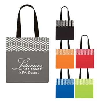 Polka Dot Accent Tote Bag - CLOSEOUT! Please call to confirm inventory available prior to placing your order!<br />Made Of 600D Polyester   | 24" Handles   |  Spot Clean/Air Dry