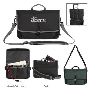 Tech Messenger Bag - CLOSEOUT! Please call to confirm inventory available prior to placing your order!<br />Made Of 420D Nylon | Detachable/Adjustable Padded Shoulder Strap And Web Carrying Handle With Comfort Grip | Main Compartment With Inside And Outside Pockets | Tethered Swivel J-Hook Attachment For Keys, Etc. | Back Zippered Padded Pocket | Side Zippered Screen Cleaning Fleece-Lined Pocket On Flap For Cell Phones | Trolley Sleeve With Hook And Loop Closure Attaches To Wheel Cart | G-Hook Latch And Hook And Loop Closure | 