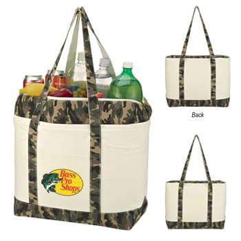 Camo Canvas Kooler Tote Bag - CLOSEOUT! Please call to confirm inventory available prior to placing your order!<br />Made Of 24 Oz. Polycanvas | PEVA Lining | Zippered Main Compartment | Front Pocket | Inside Mesh Pocket | 7" Bottom Gusset | 30" Carrying Handles | Spot Clean/Air Dry