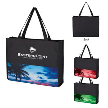 Tropical Tote Bag - CLOSEOUT! Please call to confirm inventory available prior to placing your order!<br />Made Of 600D Polyester   | 190T Polyester Lining   | Top Zippered Closure   | 3 Ã‚Â½" Gusset With Sewn-In Bottom Insert For Stability    | 18" Handles  |  Spot Clean/Air Dry