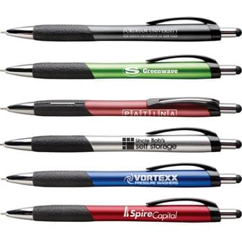 Mateo Stylus - Metallic brights contrast with black and chromes accents for a bold statement. Ergonomic contoured shape with handy stylus tip. Seam stitching detail gives grip the look of leather. Supersmooth writing blue hybrid ink.