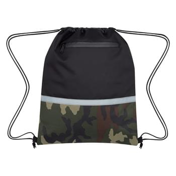 Camo Accent Drawstring Sports Pack - Made Of 600D Polyester | Reflective Stripe Accent | Front Zippered Pocket | Drawstring Closure | Spot Clean/Air Dry