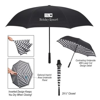48" Arc Blanc Noir Inversion Umbrella - Manual Open | Metal Shaft | Inverted Design Keeps You Dry When Closing | Stripe Pattern Underside | Pongee Material | 29" Closed