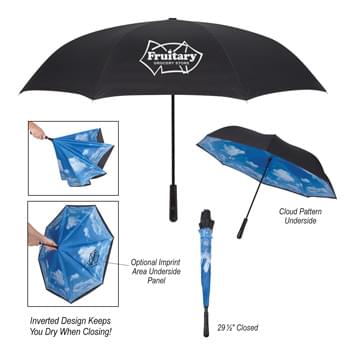 48" Arc Blue Skies Inversion Umbrella - Manual Open | Metal Shaft | Inverted Design Keeps You Dry When Closing | Cloud Pattern Underside | Pongee Material