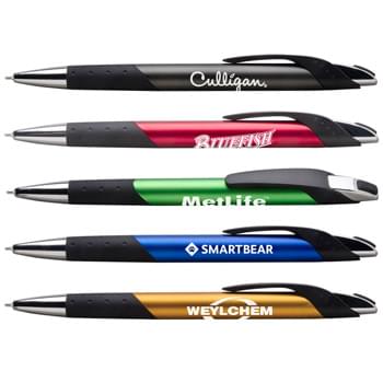 Crescendo - Exciting contemporary hybrid ink pen with high end style. Shimmering metallics contrast with bold black and chrome accents. Wide barrel and dimpled writing grip for ergonomic comfort. Supersmooth writing bold black hybrid ink.