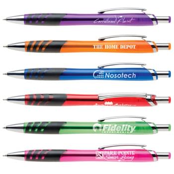 Meemo - Translucent hourglass barrels  in vibrant brights which create vivid stripes through the black rubber grip.  Sculptured chrome clip and accents add to eye-catching appeal.  Supersmooth writing black hybrid ink.
