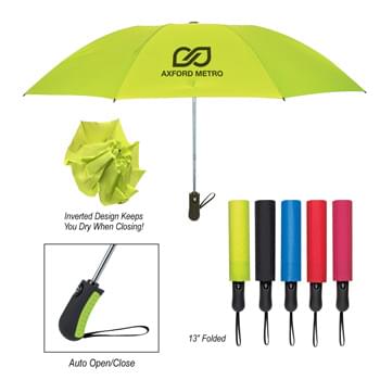 46" Arc Telescopic Inversion Umbrella - Automatic Open and Close | Telescopic Folding Umbrella | Metal Shaft | Inverted Design Keeps You Dry When Closing | Comfort Grip Handle | Matching Sleeve | Wrist Strap | Pongee Material