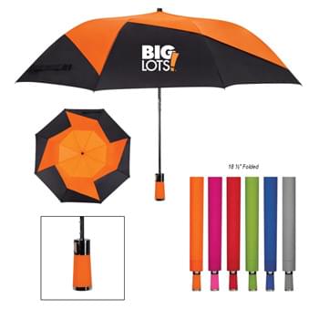 46" Vented Pinwheel Folding Umbrella - CLOSEOUT! Please call to confirm inventory available prior to placing your order!<br />Automatic Open | Designed With Vented Windproof Canopy Construction | Metal Shaft | Matching Sleeve And Handle | Pongee Material