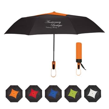 44" Arc Telescopic Diamond Top Vented Umbrella - Automatic Open   | Designed With Vented Windproof Canopy Construction   | Telescopic Folding Umbrella  |  Wrist Strap   | Matching Sleeve   | Pongee Material   | 13" Folded