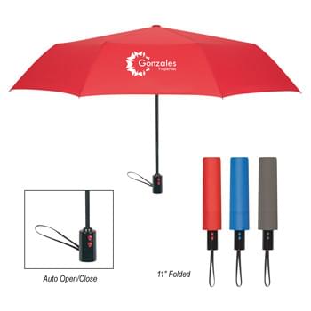 43" Arc Dual Button Telescopic Umbrella - CLOSEOUT! Please call to confirm inventory available prior to placing your order!<br />Automatic Open and Close | Telescopic Folding Umbrella | Metal Shaft | Comfort Grip Handle | Matching Sleeve And Buttons | Wrist Strap | Pongee Material