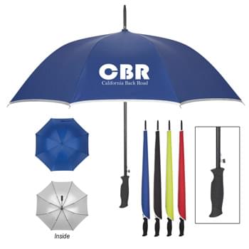 48" Arc Silver Accent Umbrella - CLOSEOUT! Please call to confirm inventory available prior to placing your order!<br />Automatic Open | Metal Shaft With Fiberglass Frame | Comfort Grip Handle | Matching Sleeve | Polyester Material With Silver Coated Lining And Trim