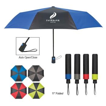43" Arc Duet Colors Telescopic Folding Umbrella - CLOSEOUT! Please call to confirm inventory available prior to placing your order!<br />Automatic Open and Close | Telescopic Folding Umbrella | Metal Shaft | Comfort Grip Handle | Matching Sleeve | Wrist Strap | Pongee Material