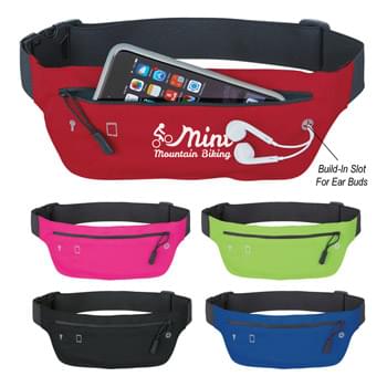 Lycra Running Belt Fanny Pack - Large Zippered Front Pocket   | Inside Key Pocket   | Built-In Slot For Ear Buds   | Adjustable Elastic Waist Strap | 41" Maximum Belt Size