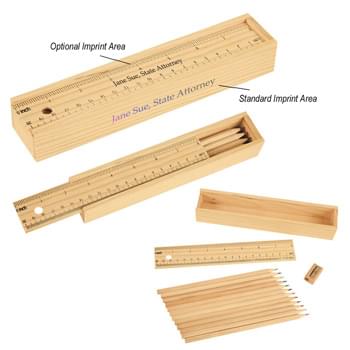 12- Piece Colored Pencil Set In Wooden Ruler Box - Lid Of Box Features 8" Ruler Markings | Pencil Colors Include Black, Blue, Brown, Dark Green, Light Blue, Light Green, Maroon, Orange, Pink, Purple, Red and Yellow | Separate Pencil Sharpener Included In The Box