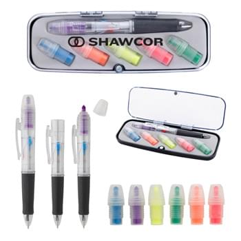 Tri-Color Pen and Highlighter Set - Twist Action   | 3 Ink Colors | Rotate To Change Ink Colors   | 6 Interchangeable Highlighter Colors  | Rubber Grip For Writing Comfort And Control