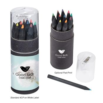 Blackwood 12-Piece Colored Pencil Set In Tube With Sharpener - Pencil Colors Include Black, Blue, Brown, Dark Green, Light Blue, Light Green, Maroon, Orange, Pink, Purple, Red and Yellow | Pencil Sharpener Included On Top Of The Lid