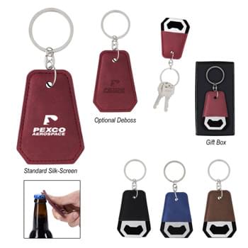 Leatherette Bottle Opener Key Ring - CLOSEOUT! Please call to confirm inventory available prior to placing your order!<br />Split Ring Attachment