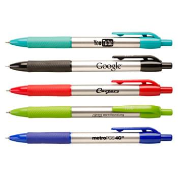 Xact Chrome Fine Point - Our patented hybrid ink now available in a fine point pen.  Shimmering silver barrels contrast with vivid trim for a bold statement. Ribbed rubber grip and supersmooth writing black hybrid ink for writing enjoyment.  "HUB" branded clip.