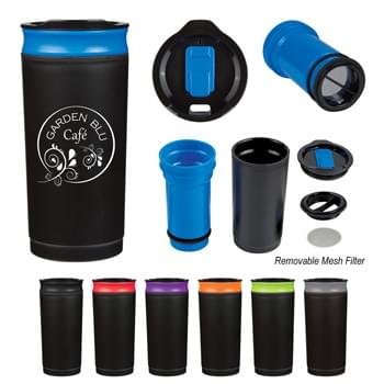 16 Oz. French Press Tumbler - CLOSEOUT! Please call to confirm inventory available prior to placing your order!<br />ABS Outer and Inner   | Triple Wall Construction For Insulation Of Hot Or Cold Liquids | Snap-On, Spill-Resistant Thumb-Slide Lid  | Useable With or Without Press  | Mesh Filter Keeps Coffee Grounds At The Bottom   | Add Boiling Water To Course Ground Coffee  | Do Not Microwave   | Meets FDA Requirements   | BPA Free  | Hand Wash Recommended