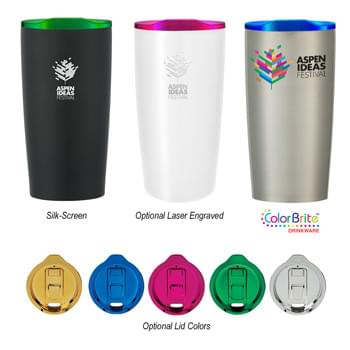 20 Oz. Del Rey Himalayan Tumbler - Stainless Steel Outer And Inner | Double Wall Construction For Insulation Of Hot Or Cold Liquids | Snap-On, Spill-Resistant Thumb-Slide Lid With Rubber Gasket | Due To Vacuum Insulation Technology, Capacity Is 18 Oz. With Lid On | Keeps Drinks Hot Or Cold Up To 6 Hours | Non-Slip Bottom | Meets FDA Requirements | BPA Free | Hand Wash Recommended