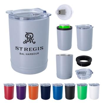 2-In-1 Copper Insulated Beverage Holder And Tumbler - Made Of Stainless Steel With Copper Plated Inner | Vacuum Insulated Sweat-Proof Design | Double Wall Construction For Insulation Of Hot Or Cold Beverages For Hours | Keeps Drinks Cold Up To 24 Hours And Hot Up To 6 Hours | Includes Screw-On, Spill-Resistant Flip-Top Lid And Interchangeable Cooler Rim | Fits Most 12 Oz. Cans, Standard Bottles And Automotive Drink Holders | Replace the Cooler Rim With The Flip-Top Lid To Use As An 11 Oz. Tumbler   | Meets FDA Requirements | BPA Free | Hand Wash Recommended