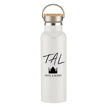 21 Oz. Liberty Stainless Steel Bottle With Wood Lid - Stainless Steel Inner and Outer  | Double Wall Construction For Insulation Of Hot Or Cold Liquids | Vacuum Insulated   | Perfect For Keeping Your Favorite Wine Colder For Hours | Screw On, Spill-Resistant Lid  | Wide Mouth Opening   | Easy Carry Handle   | Meets FDA Requirements   | BPA Free   | Hand Wash Recommended