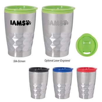 12 Oz. Stainless Steel Mini Diamond Tumbler - CLOSEOUT! Please call to confirm inventory available prior to placing your order!<br />Stainless Steel Outer And Plastic Inner Liner | Double Wall Construction For Insulation Of Hot Or Cold Liquids | Snap-On, Spill-Resistant Thumb-Slide Lid | Non-Slip Bottom | Meets FDA Requirements | BPA Free | Hand Wash Recommended