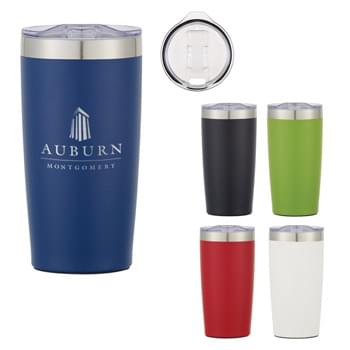20 Oz. Two-Tone Himalayan Tumbler - Stainless Steel Outer With Powder Coated Finish And Stainless Steel Inner  | Double Wall Construction For Insulation Of Hot Or Cold Liquids | Snap-On, Spill-Resistant Thumb-Slide Lid With Rubber Gasket   | Due To Vacuum Insulation Technology, Capacity Is 18 Oz. With Lid On | Keeps Drinks Hot Or Cold Up To 6 Hours  | Non-Skid Rubber Bottom  | Meets FDA Requirements  | BPA Free  | Hand Wash Recommended