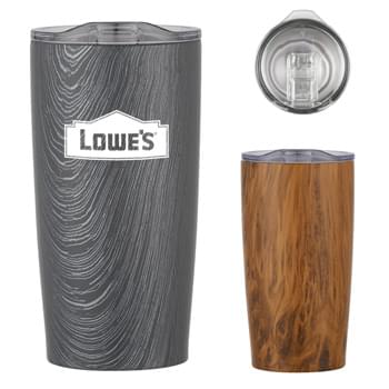 20 Oz. Woodtone Himalayan Tumbler - Stainless Steel Outer And Inner  | Double Wall Construction For Insulation Of Hot Or Cold Liquids  | Snap-On, Spill-Resistant Thumb-Slide Lid With Rubber Gasket | Due To Vacuum Insulation Technology, Capacity Is 18 Oz. With Lid On  | Keeps Drinks Hot Or Cold Up To 6 Hours | Non-Skid Rubber Bottom   | Meets FDA Requirements  | BPA Free  | Hand Wash Recommended