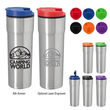 16 Oz. Segel Tumbler - Stainless Steel Outer And Plastic Inner Liner   | Double Wall Construction For Insulation Of Hot Or Cold Liquids  | Screw On, Spill-Resistant Flip-Top Lid   | Non-Skid Bottom   | Meets FDA Requirements   | BPA Free | Hand Wash Recommended