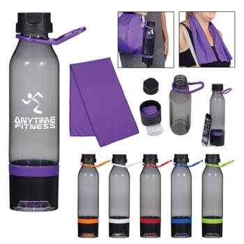15 Oz. Energy Sports Bottle With Phone Holder - PET Material  | Screw On, Spill-Resistant Lid   | Wide Mouth Opening  | Carabiner Clip For Attachment  | Holds A Variety Of Phone Sizes For Easy Viewing  | Reusable Cooling Towel In Base Matches Accent Color  | Super Quick-Absorbing And Quick-Drying Towel  | Towel Size Is Approximately 30" L x 8" W    | Meets FDA Requirements  | BPA Free   | Hand Wash Recommended