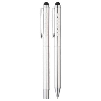 Luxe Brighton Stylus Pen Set - Exclusive Luxe design. Pen set includes a ballpoint stylus and roller ball stylus. Featuring elegant ring etched bottom barrels with polished upper chrome barrels. Subtle Luxe branding etched on center band. Soft, rubber touch stylus. Pens  include premium blue ink cartridges. Includes Luxe gift packaging. 