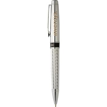 Luxe Renegade Ballpoint - Exclusive Luxe design features intricate diamond etched pattern emblazoned on bottom barrel, with shiny chrome upper barrel to expertly frame company logos. Pen includes premium black ink cartridge.