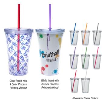 16 Oz. Double Wall Acrylic Tumbler With Insert - BPA Free | Comes With A Matching 9" Straw | Hand Wash Only | Stain Resistant | Ability To Contain Liquids Up To 150Â° F | Double Wall Construction For Insulation Of Hot Or Cold Liquids | Meets FDA Requirements | Screw-On Lid