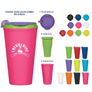 16 Oz. Infinity Mix-And-Match Tumbler - High Gloss Finish | Double Wall Construction For Insulation Of Hot Or Cold Liquids | Snap-On, Spill-Resistant, 2 Piece Thumb-Slide Lid | Mix-And-Match Your Outside, Inside And Lid By Choosing From Ten Different Colors | Fits Most Automotive Drink Holders | Made In The USA | Meets FDA Requirements | BPA Free | Hand Wash Recommended | Must Specify Lid, Inner and Outer Color on PO
