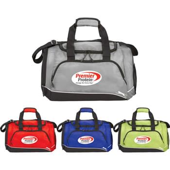 Slazenger Dash Duffel - CLOSEOUT! Please call to confirm inventory available prior to placing your order!<br />Slazenger is rooted in sport, and this bag is no exception. Lightweight, but durable nylon is perfect for sporting events. Large U-shaped opening. Front pocket. Dedicated side shoe pocket. Padded grab handle. Adjustable shoulder strap. Side mesh pocket. Slazenger branded zipper pullers. 