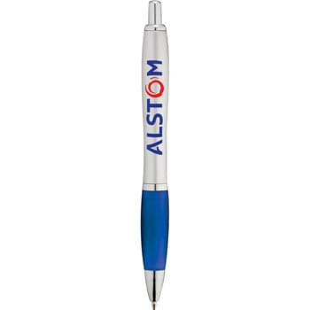 Scripto® Author Ballpoint - Metal-like silver barrel with colored pro-grip for writing comfort. Chrome accents. Retractable click action mechanism, blue ballpoint ink cartridge with tungsten carbide tip.