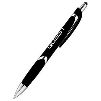 Scripto&reg; Reign Ballpoint Stylus - Metallic finish barrel, shiny chrome accents and soft rubber grip. Retractable click action mechanism and stylus. Black ballpoint ink cartridge and tungsten carbide tip.