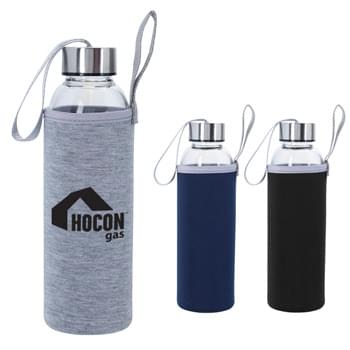 18 Oz. Aqua Pure Glass Bottle - Made Of Strong Borosilicate Glass With Neoprene Sleeve  | Screw On, Spill-Resistant Lid  | Wide Mouth Opening  | Easy Carry Strap | Not For Hot Liquid Use  | BPA Free  | Meets FDA Requirements  | Hand Wash Recommended