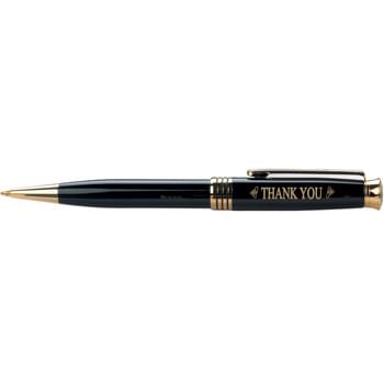 Knight Solid - Classic design and solid construction describe the Knight twist retractable ballpoint pen. 24 Karat gold-plated accents and the highest quality jumbo black ink cartridge, each pen comes individually cellophaned.
