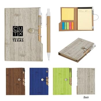 4" x 6" Woodgrain Look Notebook With Sticky Notes And Flags - 70 Page Lined Note Pad | Matching Pen With Paper Barrel In  Pen Loop | Unique Hooked Closure | Sticky Notes | Sticky Flags In 5 Neon Colors | Thermo Polyurethane Cover