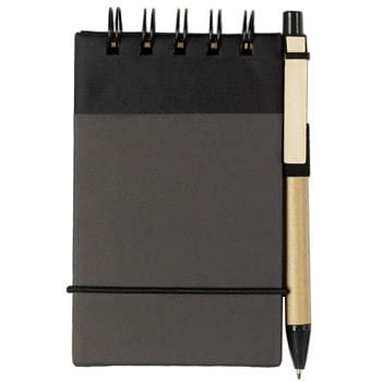 Eco-Inspired Spiral Jotter & Pen - CLOSEOUT! Please call to confirm inventory available prior to placing your order!<br />65 Page Lined Jotter | Elastic Band Closure | Elastic Pen Loop | Pen Has Paper Barrel With Wooden Clip