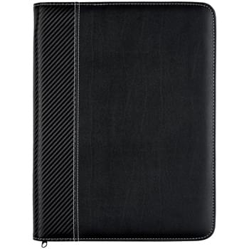 Carbon Fiber 8 ½" x 11" Zippered Portfolio - Includes 30 Page 8 Â½" x 11" Writing Pad   |  Elastic Pen Loop, Card Holders And Mesh ID Holder   | 3 Interior Pockets: One With A Zipper And One Is Expandable   | Outside Zipper For Security 
