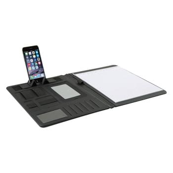 8 " x 11" Heathered Padfolio - Includes 30 Page 8 " x 11" Lined Writing Pad | Slots And Pockets For Multi-Media Organization | Phone Or Tablet Stand | Holds A Variety Of Phone Sizes For Easy Viewing | Card Holders, Elastic Pen Loop And ID Holder | Made Of Polyester