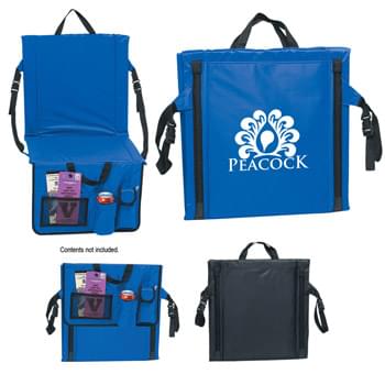 Stadium Cushion - Made Of 70D PVC | Web Carrying Handles And Adjustable Side Straps | Large Pocket On Back | Front Flap Pockets Hold Cell Phone, Bottle, Can And Personal Items | Fiberglass Poles In Seat And Back For Stability