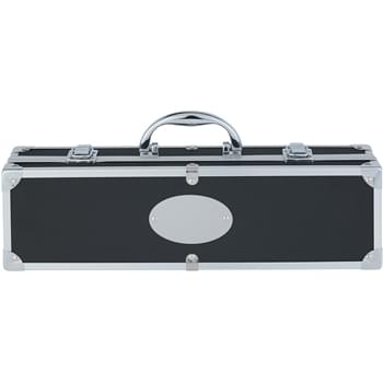 BBQ Set In Aluminum Case - Includes: Spatula, Fork And Pair of Tongs   | Easy Carry Handle And Double Clasps