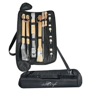 BBQ Set - Includes: 2 Skewers, 1 Fork, 1 Spatula, 1 Pair Of Tongs, 1 Brush And 4 Corn Holders | Detachable/Adjustable Shoulder Strap And Padded Web Carrying Handle | Meets FDA Requirements