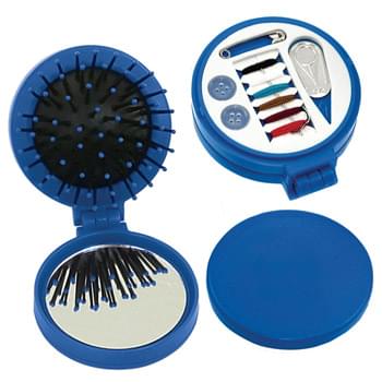 3 In 1 Kit - High Impact Plastic With Shatter-Resistant, High Quality Mirror | Twist Off Lid To Reveal Sewing Kit - Contains 6 Colors Of Thread, Needle, Needle Threader, 2 Buttons And A Safety Pin | Hair Brush